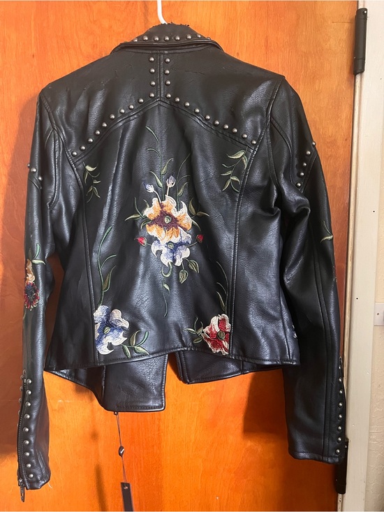 Blank NYC Jackets & Blazers - Blank NYC Black Faux Leather Jacket with Multicolor Floral Embroidery